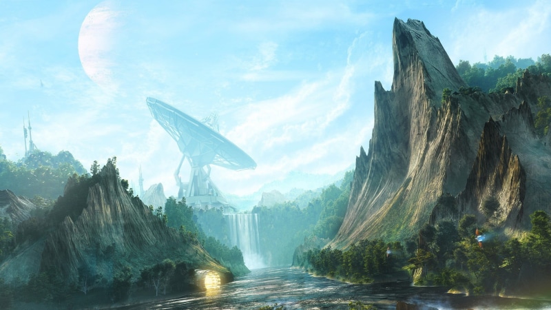 no people, tranquility, satellite dish, tranquil scene, rock formation, cloud - sky, 1080P, outdoors, waterfall, rock, sky, rock - object, plant, non-urban scene