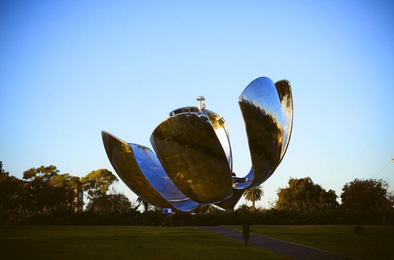 circle, sunlight, metal, sky, silver colored, satellite, shape, floralis generica, plant, argentina, balloon, no people, geometric shape, low angle view