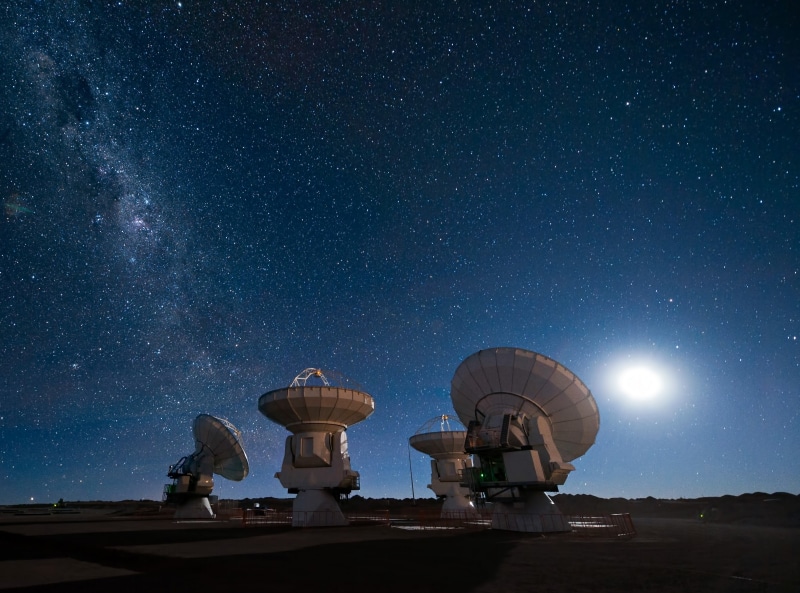 Space, science, satellite dish, global communications, galaxy, communication, array, radio wave, research, no people, sky, astrology, milky way, white