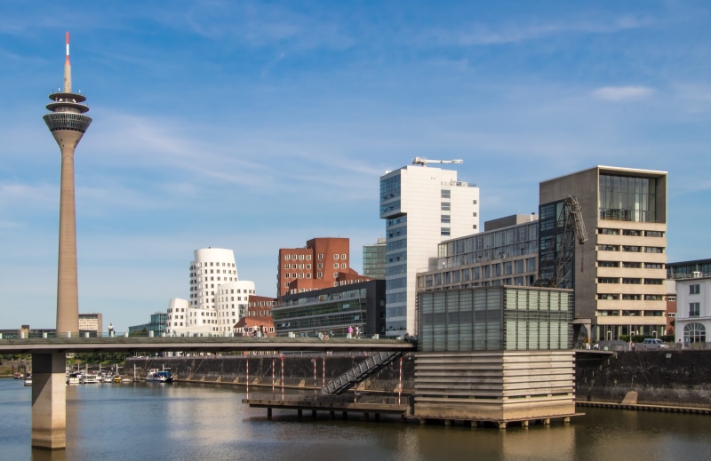 no people, tower, cityscape, 5K, building, city, harbour area, düsseldorf, office building exterior, outdoors, modern, skyscraper, connection, bridge - man made structure
