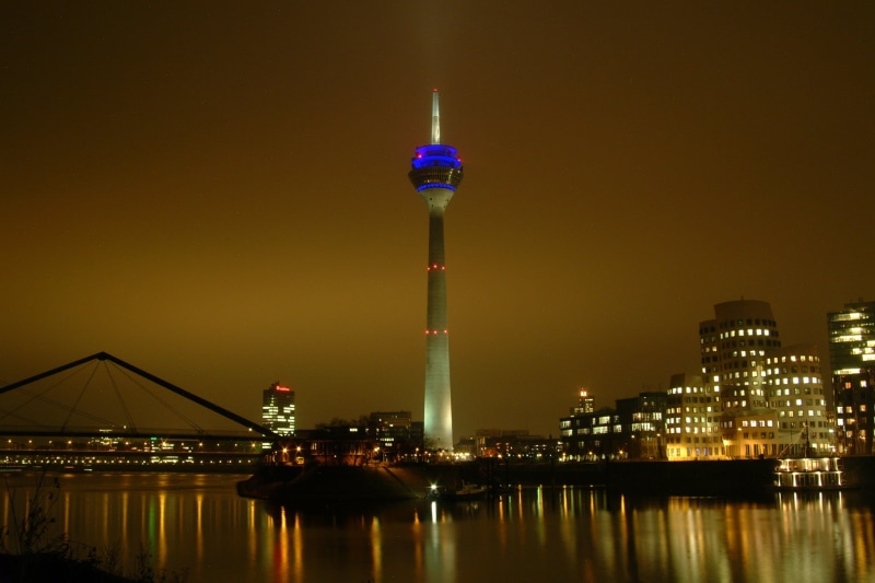 water, tower, tall - high, bridge, gehry, sky, nature, customs port, haze, financial district, tv tower, waterfront, built structure, rhine tower, night