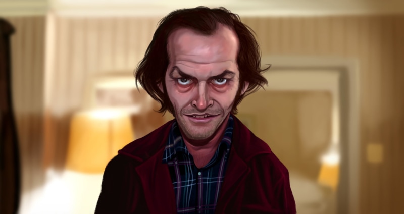 adult, headshot, standing, The Shining, front view, artwork, 1080P, Stanley Kubrick, Jack Torrance, face, man, men, top, close-up, red, indoors, Jack Nicholson