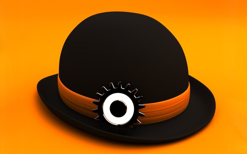 A Clockwork Orange, minimalism, digital art, Stanley Kubrick, eyes, movies, yellow background, hat, 3D, 720P, gears, simple background