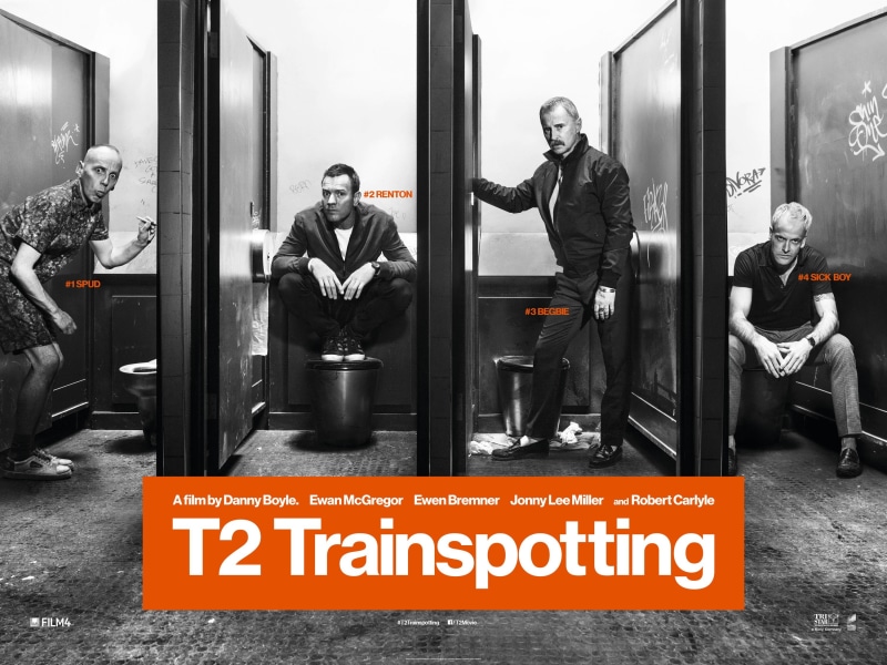 Jonny Lee Miller, Mark Renton, Spud, selective coloring, 2K, Ewen Bremner, T2 Trainspotting, Robert Carlyle, actor, text, men, movies, Ewan McGregor, Sick Boy
