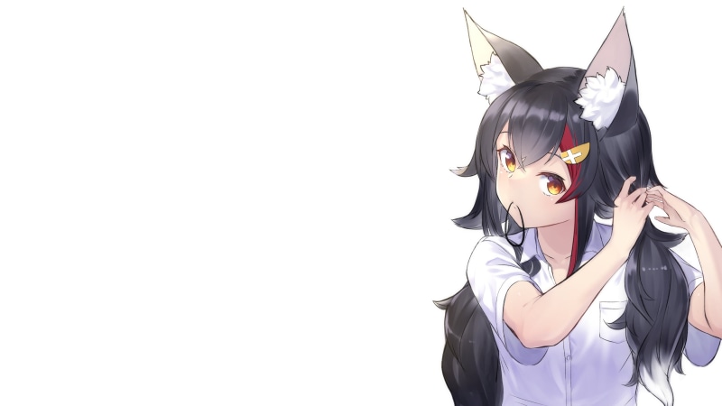 Ookami Mio, Hololive, white background, red eyes, 4K, black hair, anime girls, animal ears, anime