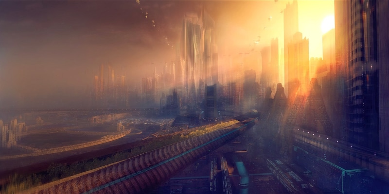 transportation, 1080P, buildings, high angle view, architecture, motion, futuristic city, road, fog, low, high, built structure, no people, science fiction