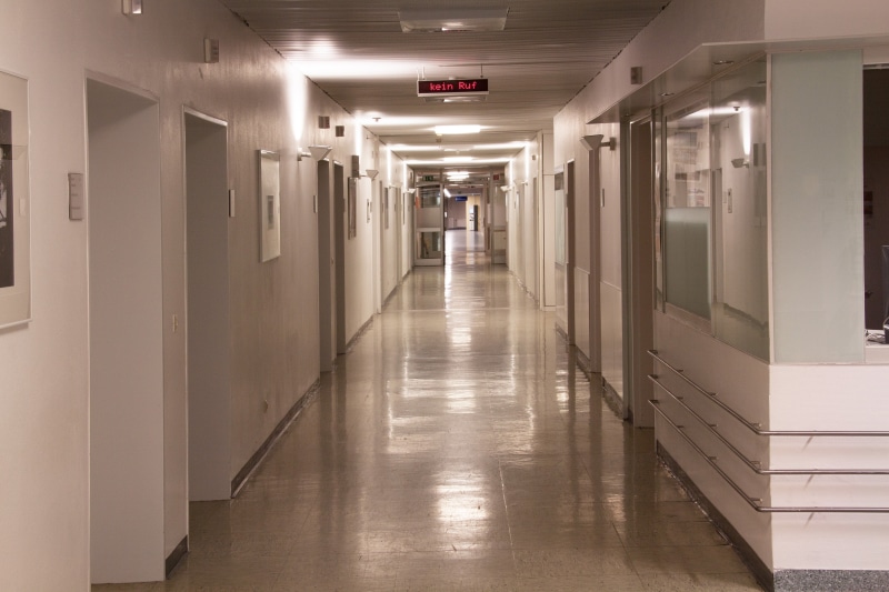 illuminated, flooring, no call, display, wall - building feature, arcade, hospital, sign, white, wide, corridor, building, tile, healthcare and medicine
