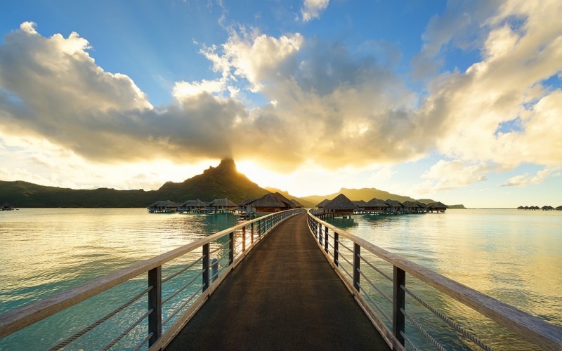 sky, outdoors, scenics - nature, 720P, dock, cloud - sky, sunset, diminishing perspective, beach, French Polynesia, resort, pier, tranquil scene, no people