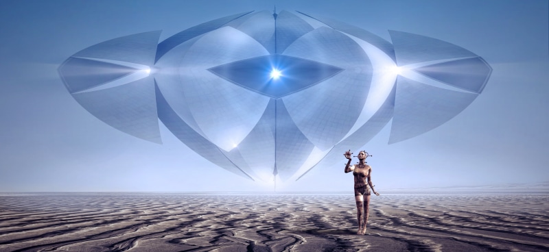 future, the futuristic, 4K, spaceship, art, landscape, rendering, UFO, desert, blue background, girl, people, light, fiction, relief, era, space, material
