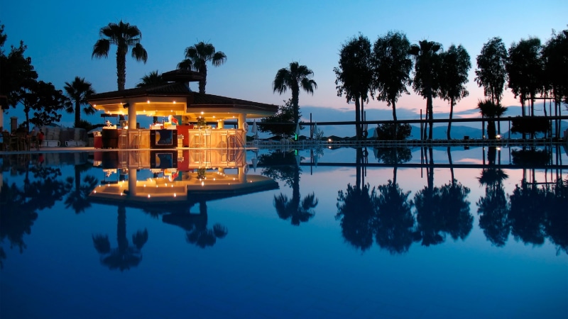 property, hotel, lighting, palm trees, evening, tropical bar, leisure, dusk, tree, vacation, swimming pool, water, mountains, reflection, pool, 4K, sky