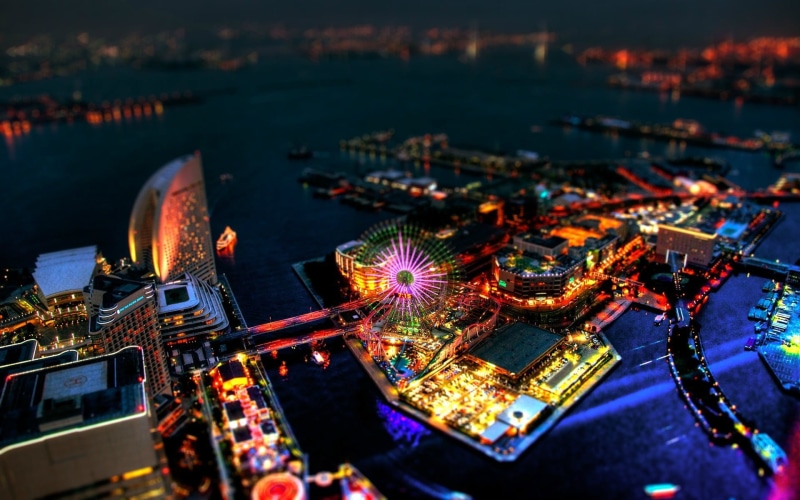 modern, photo, no people, city, angle, building exterior, cityscape, night, 1080P, financial district, Japan, water, business, amusement park, dusk, aerial View
