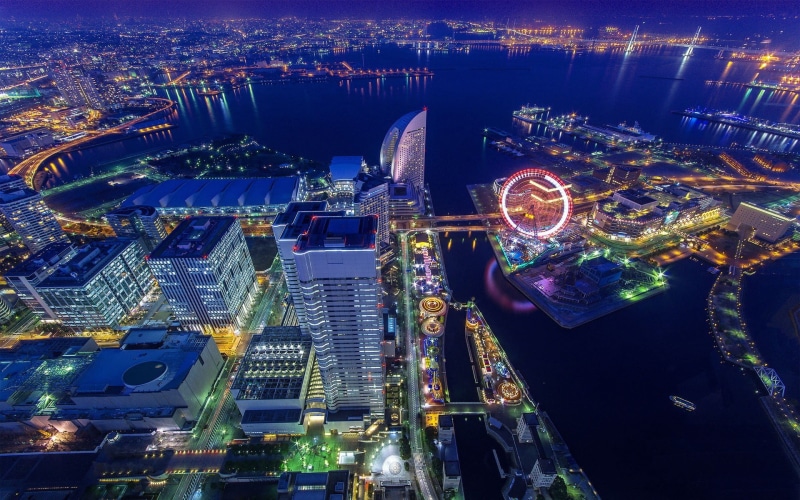 travel, aerial view, ferris wheel, illuminated, architecture, photo, office building exterior, residential district, 1080P, Japan, water, building exterior