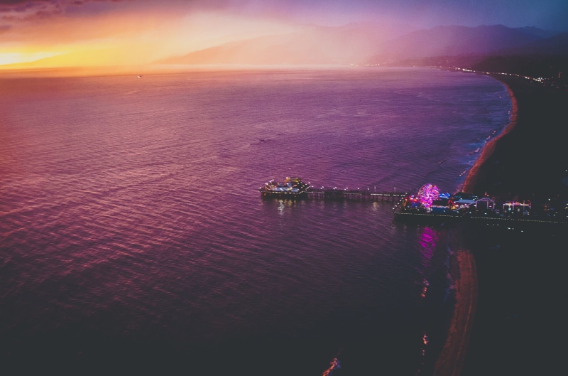 sea, santa monica, 1080P, ferris wheel, coast, wheels, sunset, California, bay, beach, pier