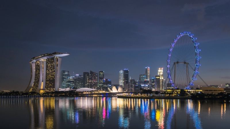 skyline, 1080P, Singapore, ferris wheel, reflection, Marina Bay