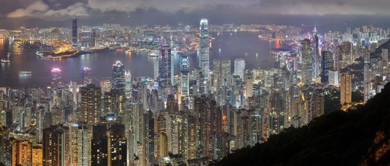 building, city, Hong Kong, cityscape, skyscraper, office building exterior, travel destinations, lot, water, modern, concrete, building exterior, night