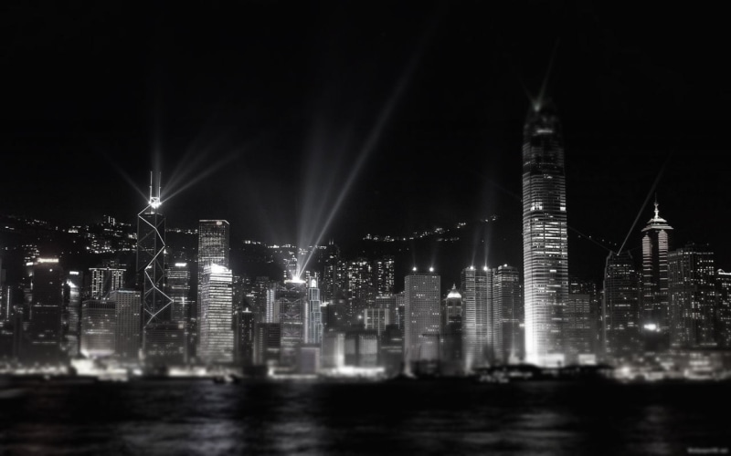 Hong Kong, building, water, no people, sky, built structure, office building exterior, landscape, reflection, night, city, 720P, light beam, cityscape