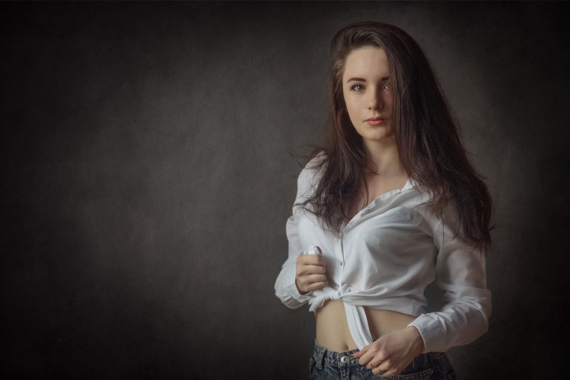portrait, simple background, model, jeans, women, 2K, white shirt, long hair, brunette