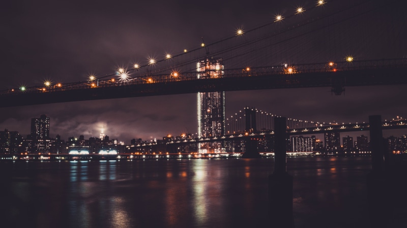 river, cityscape, architecture, long exposure, water, connection, light, New York City, illuminated, office building exterior, sky, bridge - man made structure