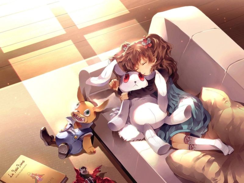 stuffed animal, females, 720P, little girl, child, indoors, girls, high angle view, day, one person, women, couch, sitting, hairstyle, lifestyles, Cage (Visual Novel)