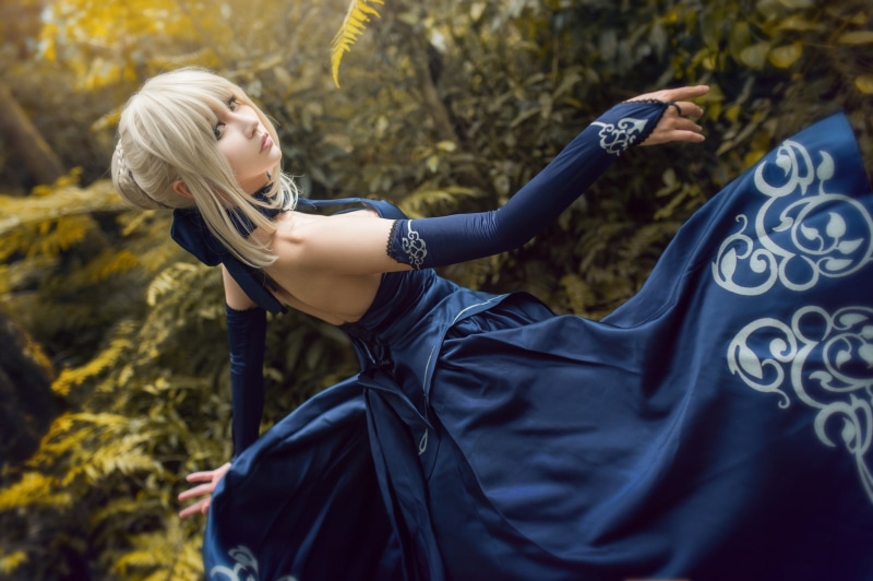 hands, pose, blonde, forest, Asian, background, Narad, face, movement, look, 1080P, costume, girl, leaves, style, image, thickets, nature, bangs, hem