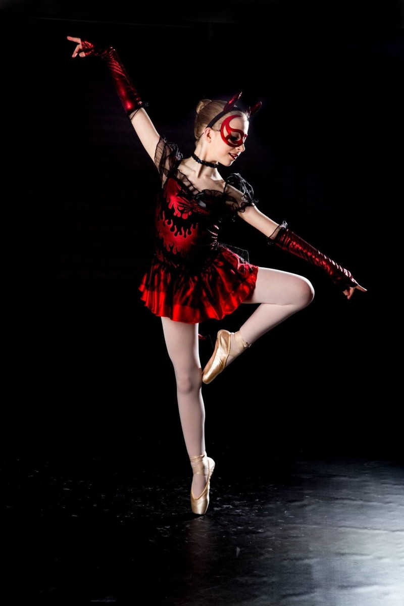 wearing, full length, one woman only, Ballet, ballerina, Devil, clothing, young adult, portrait, young women, red, black background, arts culture and entertainment
