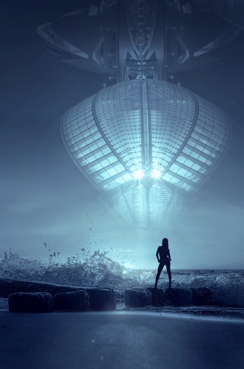 book cover, atmosphere, sea, 4K, space cruiser, encounter, cover, motion, science fiction, illuminated, one person, back light, walking, blue, universe