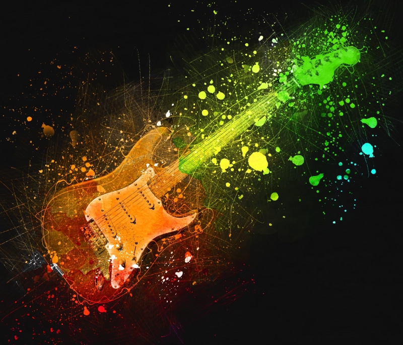 tree, electric guitar, stylish, celebration, black background, stringed instrument, creative, costume, no people, lighting equipment, 1080P, night, electric