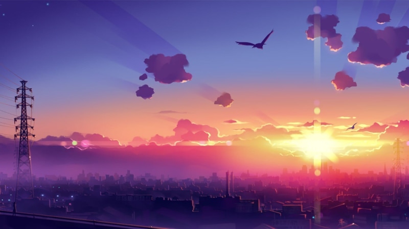 cloud - Sky, anime, architecture, landscape, sunset, dawn, sun, lens flare, dusk, flying, light - Natural Phenomenon, outdoors, beauty in nature, blue