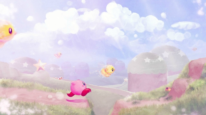 landscape, mountain, sunlight, video games, multi colored, mid-air, nintendo, no people, illustration, flying, sky, tree, lens flare, outdoors, Kirby, day