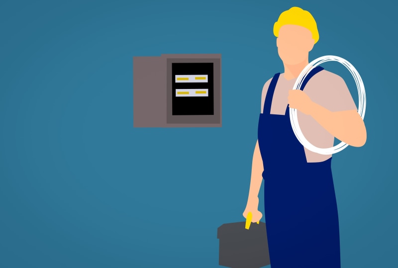 worker, site, men, staff, contractor, maintenance, communication, women, colored background, yellow, blue background, voltage, electric, waist up, troubleshooting