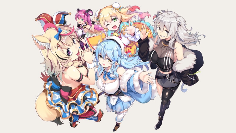 Yukihana Lamy, Momosuzu Nene, Shishiro Botan, Omaru Polka, anime girls, simple background, anime, Mano Aloe, Hololive, 2K
