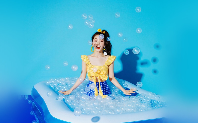 women, girl, excitement, mouth, happiness, hairstyle, enjoyment, redvelvet, bubble, indoors, fun, studio shot, hair, 4K, mouth open, water, emotion, one person