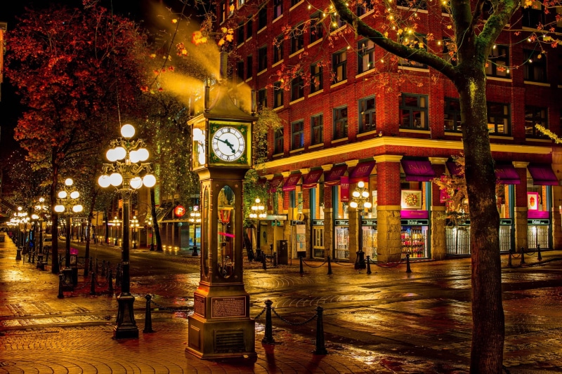 watch, city, architecture, building, 1080P, building exterior, lights, transportation, Vancouver, built structure, tree, night, Canada, night city, illuminated