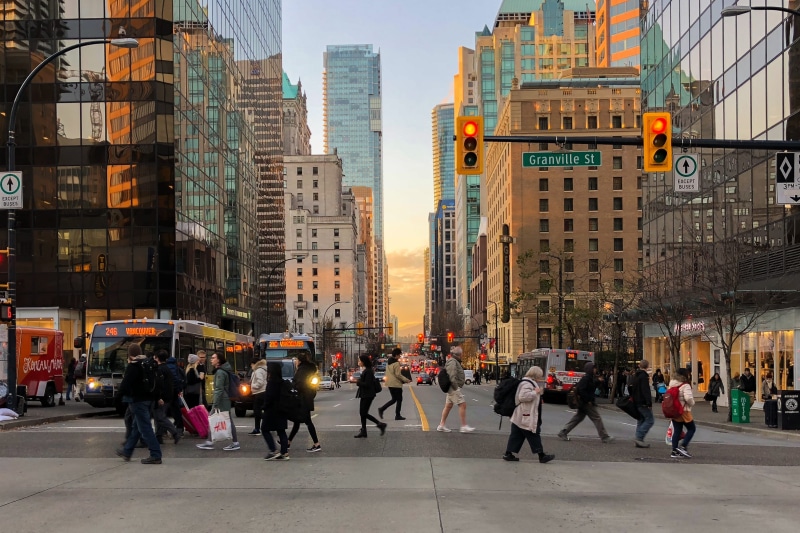 canada, sunset, building exterior, light, skyscraper, hustle, transport, public, office building exterior, street, large group of people, british columbia