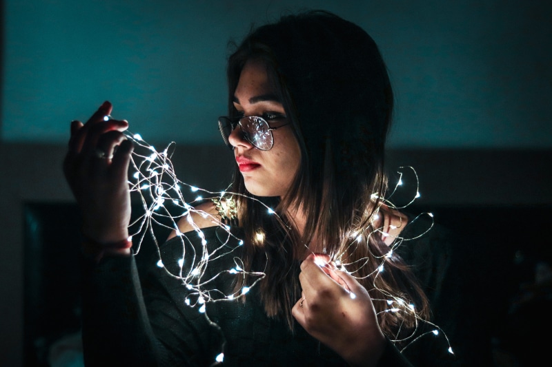 fairy lights, vancouver, beautiful woman, 5K, girl, indoors, forest, black, leisure activity, night, hands, young adult, illuminated, canada, lifestyles