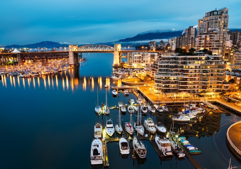 Canada, sea, blue, night, Island, Vancouver, Morning, boats, lights, 5K, water, Granville, travel