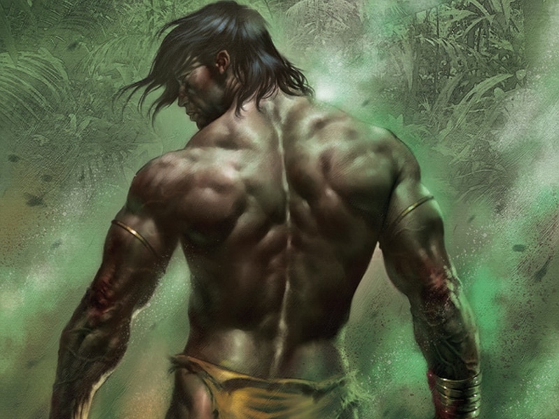 muscular build, abdominal muscle, torso, chest, lord of the jungle, shirtless, young adult, digital composite, waist up, rain, men, adult, healthy lifestyle