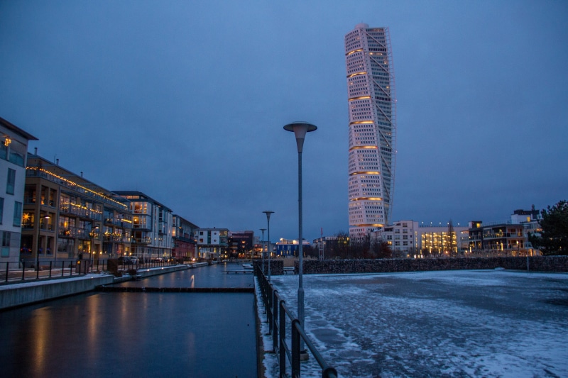 no people, city, street light, travel destinations, cityscape, turning torso, built structure, skyscraper, illuminated, nature, building, architecture