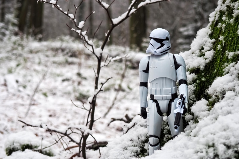 plant, winter, field, armor, 4K, play, star wars, helm, soldier, clothing, snow, nature, funny, film, branch, fun, science fiction, land, toys, outdoors