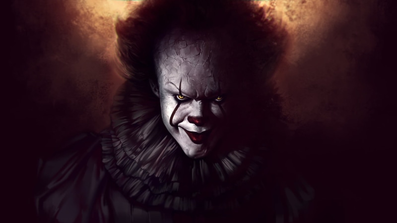 headshot, spooky, anger, negative emotion, aggression, Movie, portrait, emotion, black background, adult, Pennywise (It), looking at camera, It (2017)