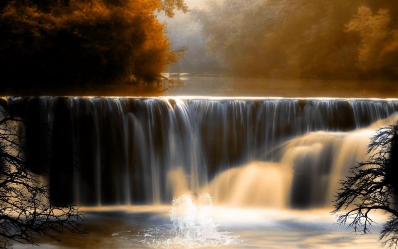 waterfall, falls, 1080P, 3d and abstract, forest, autumn, trees, beautiful