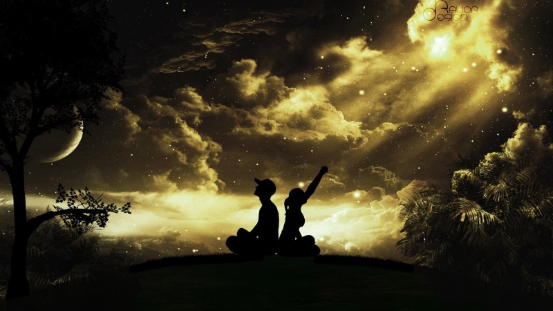 the moon, sitting, religion, dark, sunlight, arms Outstretched, joy, black Color, woman, scenics - nature, night, the sky, lifestyles, praying, rock - object