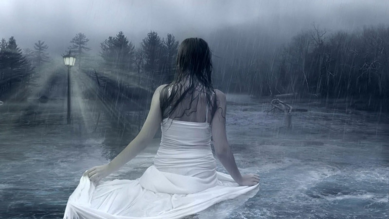 young women, rainy day, fog, sadness, sad, adult, street light, tree, hairstyle, women, tranquility, outdoors, weather, dressy, dusk, long hair, lifestyles
