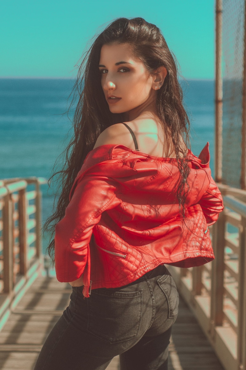 500px, long hair, urban, women outdoors, red jackets, leather jackets, 1080P, Ruben Cid, women