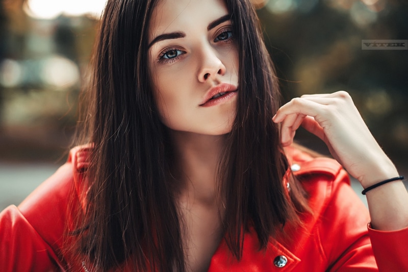 brown hair, beauty, red jackets, 1080P, portrait, leather jackets, lifestyles, beautiful woman, young adult, human face, face, hair, young women, looking at camera