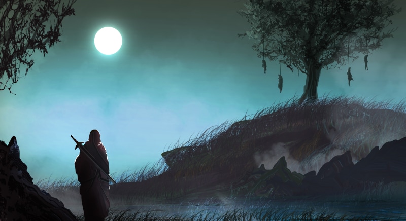 silhouette, standing, artwork, 5K, grass, lifestyles, sky, plant, loneliness, Moon, real people, nature, night, digital art, tree, trees, outdoors, leisure activity