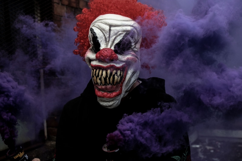smoke, smoke - physical structure, can, costume, 5K, horror, emotion, spooky, celebration, front view, obscured face, halloween, holding, fear, mask, person