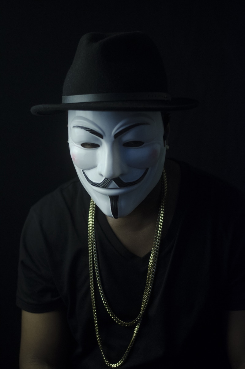 human face, fashion, anonymous, 4K, males, wear, portrait, men, lifestyles, adult, indoors, black background, fawkes, studio shot, photoshoot, male, fedora