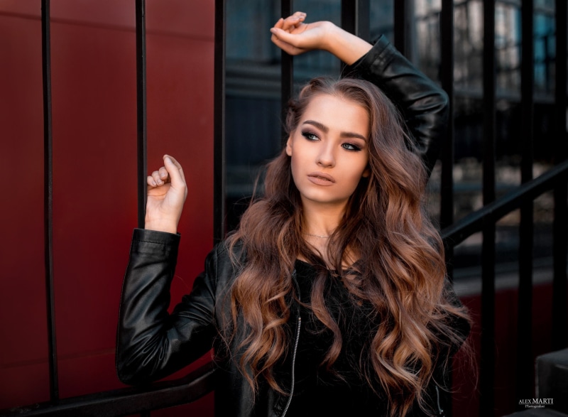 portrait, leather jackets, women outdoors, Aleksandra Taranova, 2K, women