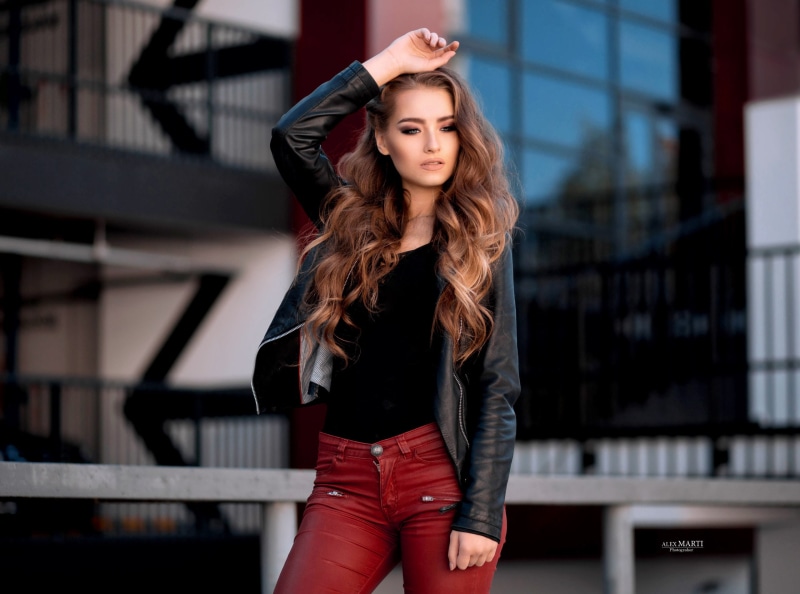 women, pants, women outdoors, 2K, portrait, leather jackets, Aleksandra Taranova